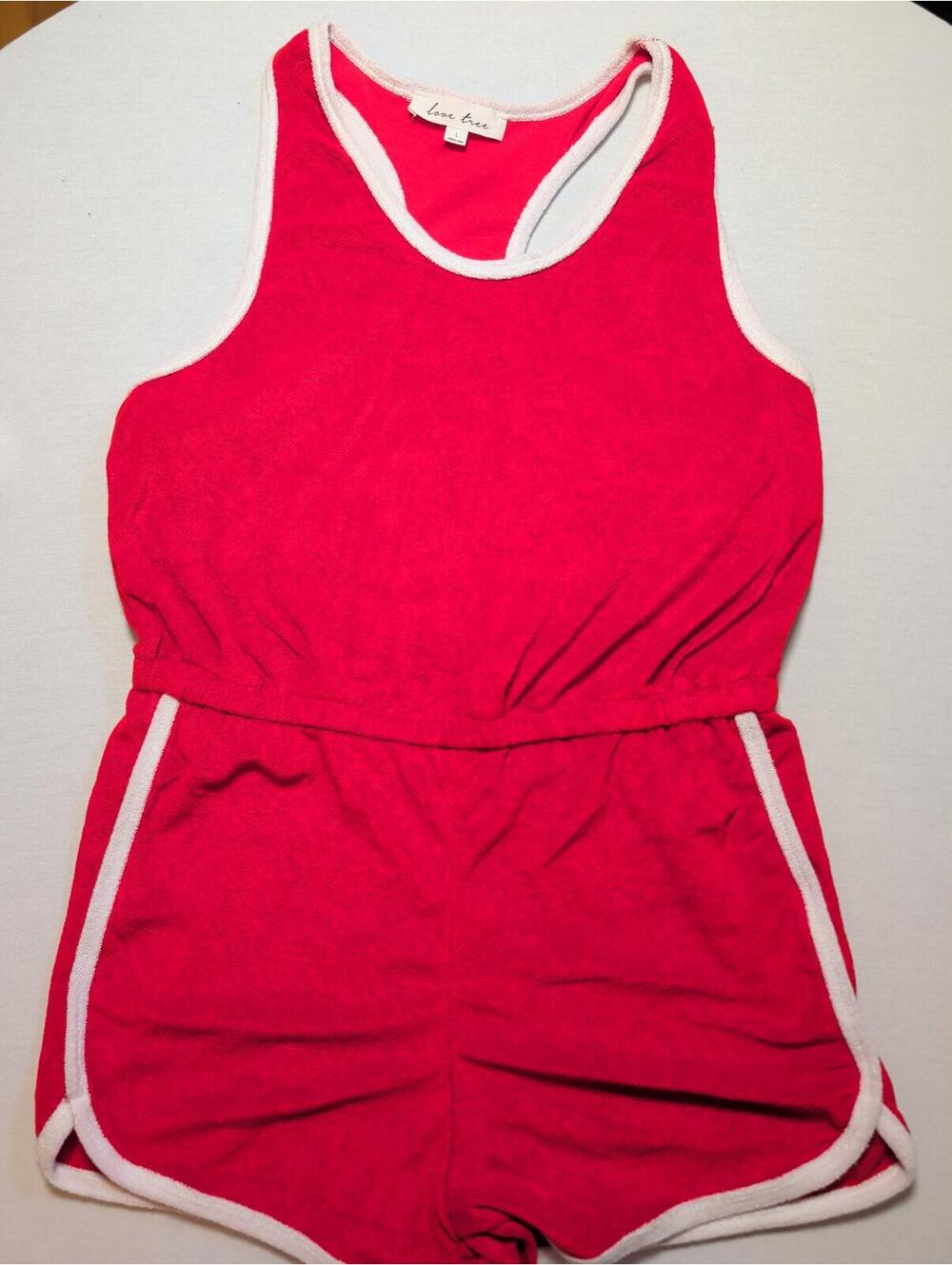 Love Tree Retro Activewear Dolphin Short Romper Red White Trim, Size Large